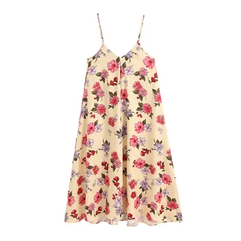 

Women Chic Floral Print Midi Dress Vintage V Neck Adjustable Straps Female Dresses Fashion Female Beach Vestidos