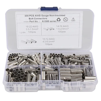 

300Pcs Non-Insulated Butt Connectors Gauge Seamless Uninsulated Electrical Wire Ferrule Cable Crimp Terminal Kit WWO66