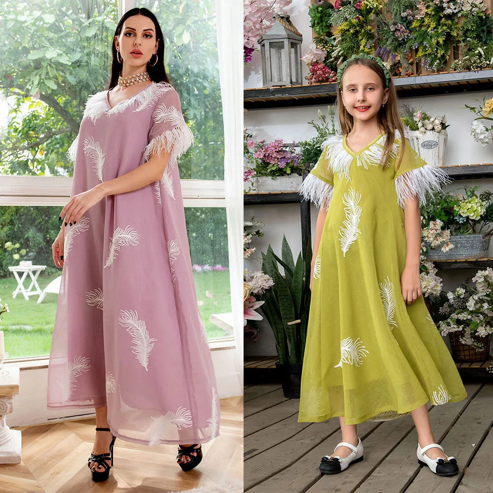 

Mother Daughter Matching Clothes Family Mother Daughter Dresses Short Sleeve Ethnic Islamic Feather V Neck Muslim Girls Outfits
