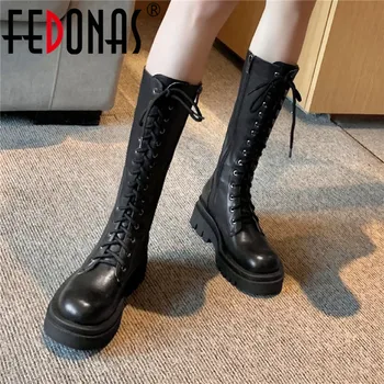 

FEDONAS Sexy Cross Tied Motorcycle Boots Genuine Leather Platform Chunky Heels Shoes Woman Night Club Working Long Shoes Women