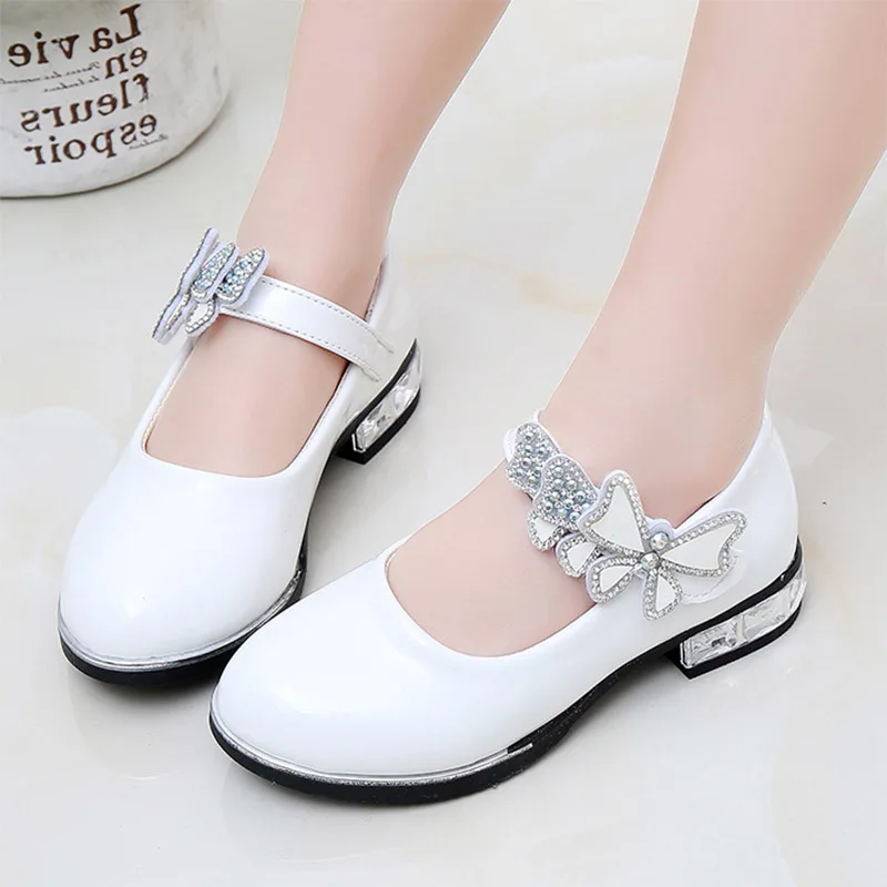 Girls Shoes White Wedding Shoes Bridal Princess Shoes Butterfly Mary Janes Kids Big Girl Low Heels Party Shoes 1-13y Lady shoes slippers for boy Children's Shoes