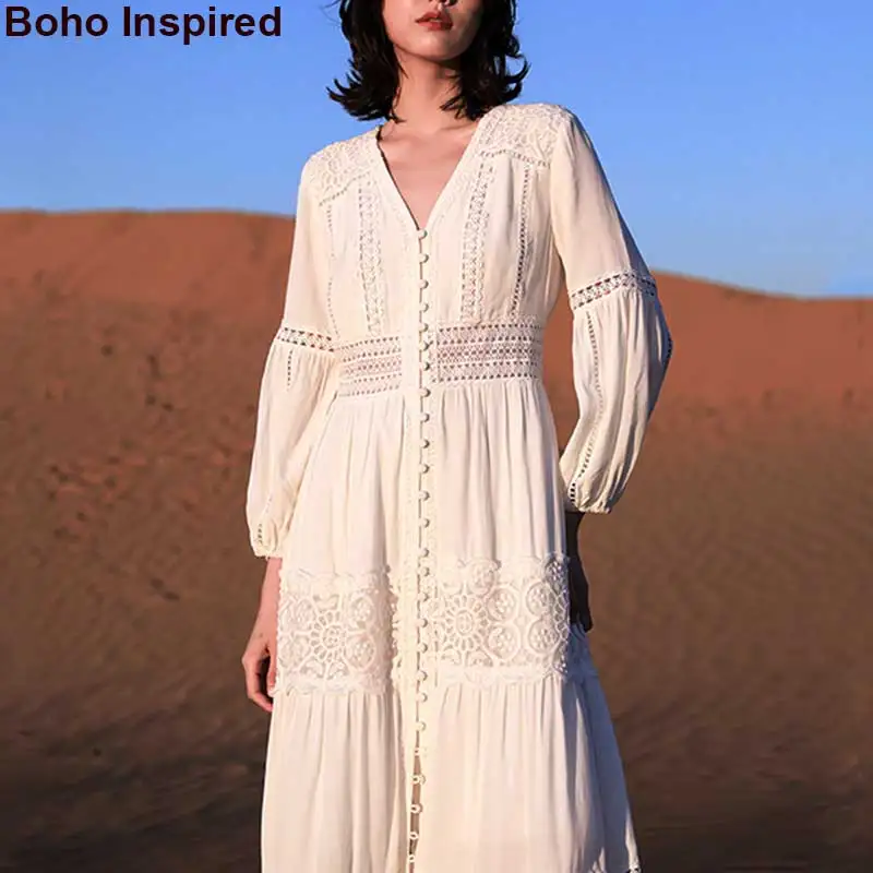 Богемный Вдохновленный белое повседневное женское платье с длинным рукавом платье buttosn v-образным вырезом крючком Макси платье винтажное бохо платье Новинка vestidos
