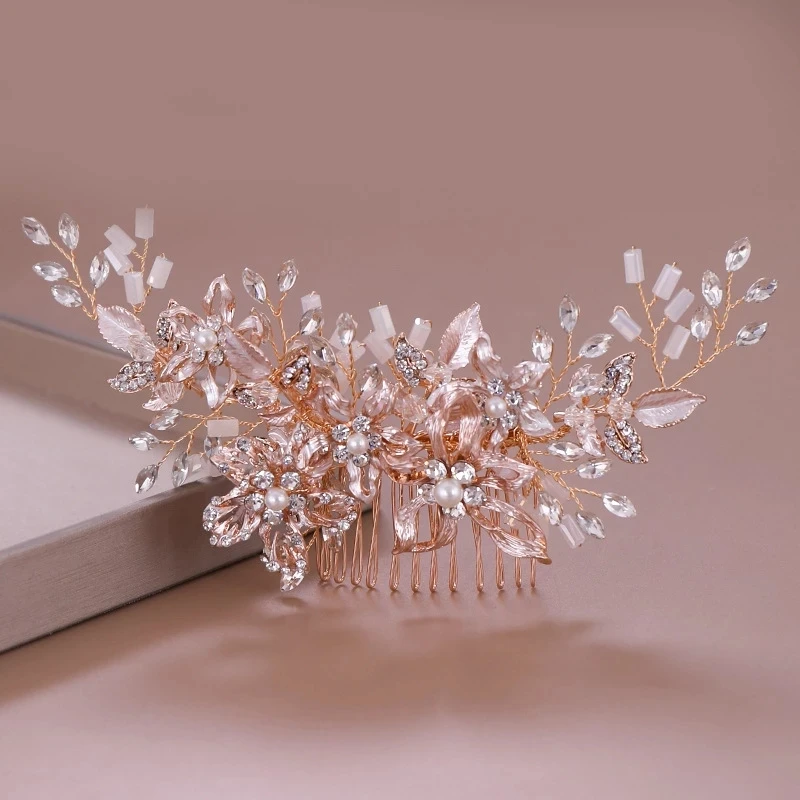 

Rose Gold Color Crystal Pearl Flower Hair Comb Bride Guest Headdresses Headpiece Tiaras Wedding Accessories Luxury Hair Jewelry