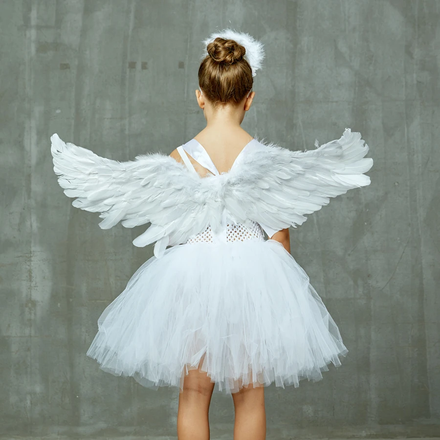 White Angel Girls Feather Tutu Dress Kids Halloween Birthday Party Costume Girl Christmas Nativity Dress with Wings Halo Outfit (15)