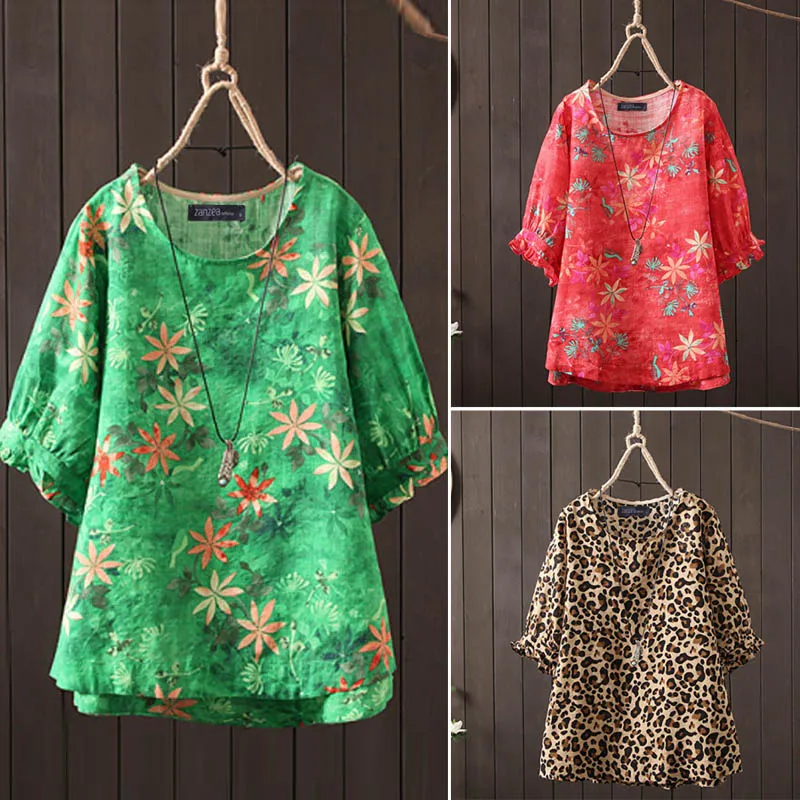 ZANZEA 2019 Women Blouse Autumn Summer Shirt Half Sleeve O Neck Floral Printed Tops Leopared Tunic Blusas Plus Size Chemise Tee