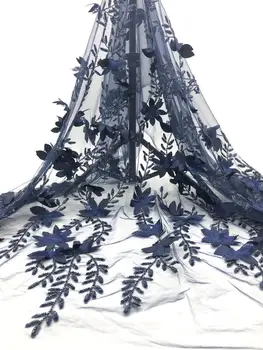 

Embroidered French Lace fabric Navy Blue African tulle lace fabric with beads sequins for party dress 5 yards
