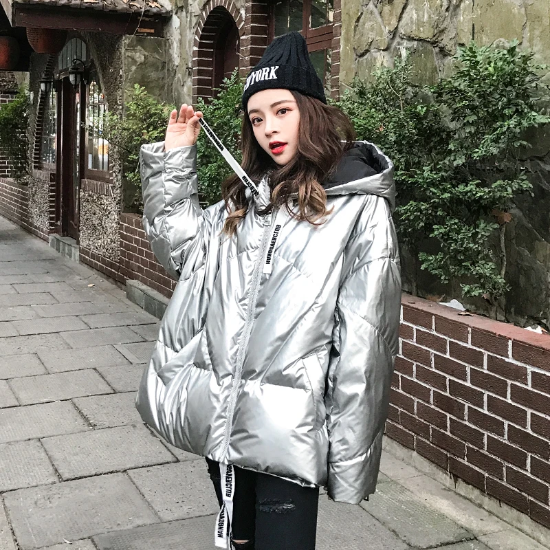 

Women Quilted winter jackets Short warm Hooded coat Silver metal color ladies black parka Thick Cotton Padded coats Outwear