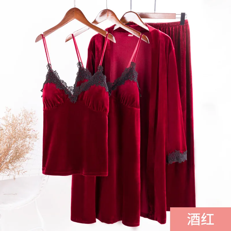 wine red Комплект пижам из четырех предметов, Женский Осенний пеньюар с длинными рукавами, домашний костюм, плиссированные, без рукавов, с подкладкой, кружевные, сексуальные, зимние пижамы - Цвет: wine red