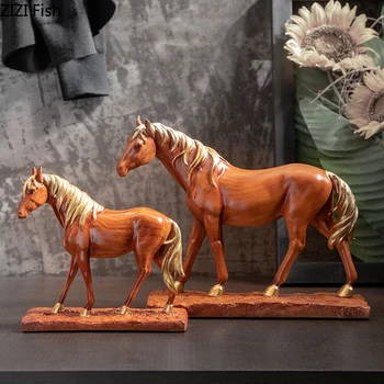 

MODERN HOME DECOR IMITATION WOODEN CARVING HORSE STATUETTE WOOD COLOR RESIN ANIMAL DESKTOP DECORATION OFFICE STUDY ORNAMENTS