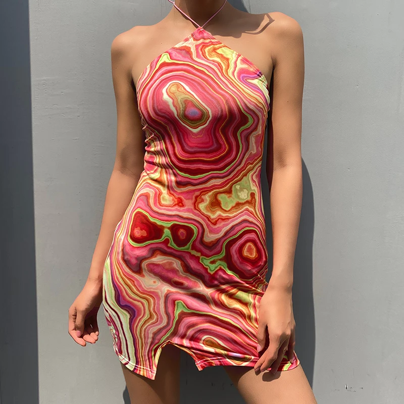 HEYounGIRL Wave Print Sexy Backless Halter Dress Women Party Summer Sleeveless Short Dress Elegant Y2K 90s Fashion Streetwear