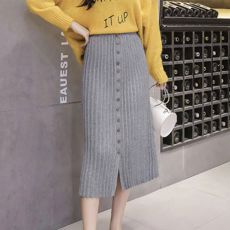 

2019 Winter Women Midi Skirts Korean Casual Ladies High Waist Solid Grey Knitted Knit Thick Long Sweater Pencil Skirt Women