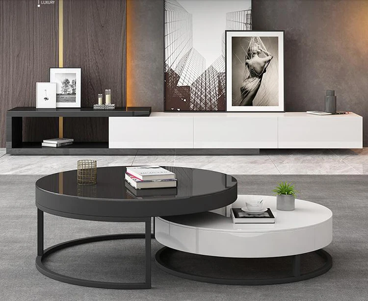 

Tempered Glass Coffee Table with Drawer for Living Room Round Table Home Furniture White Black Color Combination Table