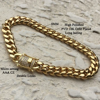 

Stainless steel miami cuban link chain bracelet gold Bling Iced out cubic zircon long lasting 8mm-18mm width