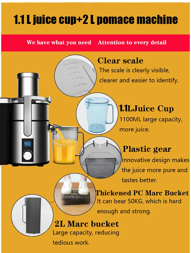 Stainless Steel Juicer Machine 1200W Whole Fruit Vegetable Centrifugal Juice Extractor Automatic