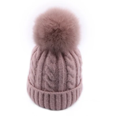 Pink - Fox Fur Зимняя женская вязаная шапка Skullies Женская бини шапки с настоящим помпон из лисьего меха роскошный Gorro; теплый лыжный головной убор для девочек ярких цветов - Цвет: Pink - Fox Fur