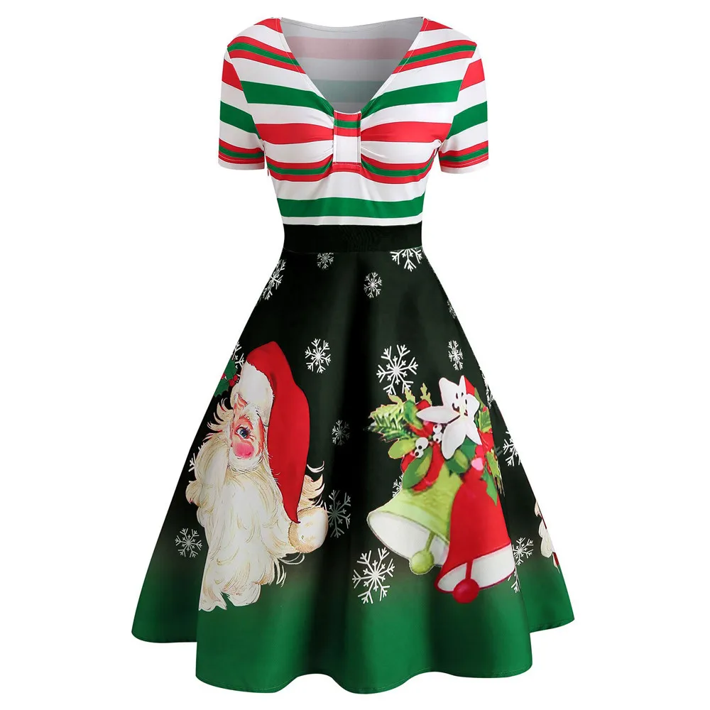 Модное женское рождественское платье Санта Клаус в полоску с v-образным вырезом винтажное свободное платье рождественское платье vestidos de verano
