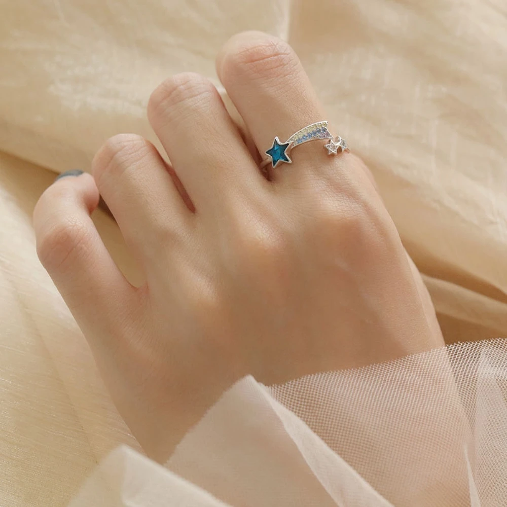 925 Sterling Silver Blue Five-pointed Star Colorful Zircon CZ Midi Knuckle Meteor Ring for Lovers Engagement Wedding Wholesale | Украшения