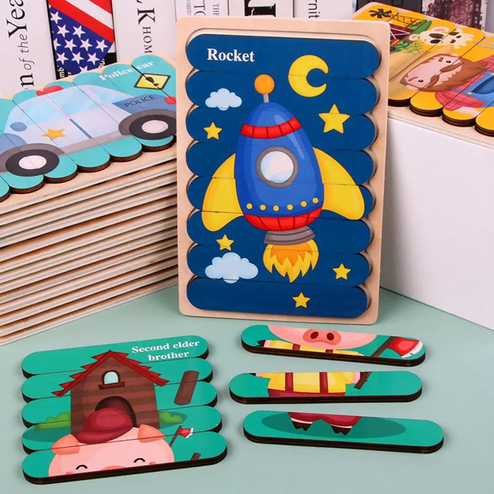 

Retail Box Wooden Kids Animal Puzzle Toy 3D Strip Telling Stories Stacking Jigsaw Montessori Educational Toy For Children