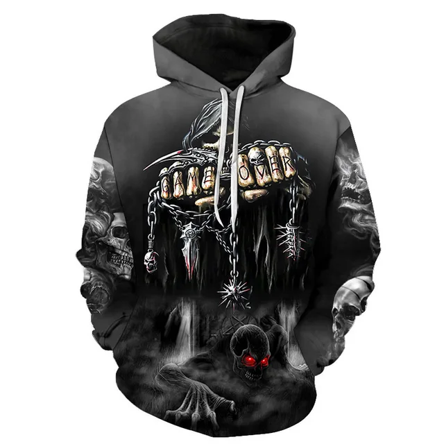 3d Skull Print Hoodie Long Sleeve Black Sweater Casual Sportswear Men's O Neck Pullover Street Oversized Clothes Hoodies Kids SKU-05-MLMS2640