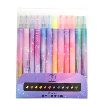 

12pcs Double Headed Highlighter Pens Stationery Kawaii Starry Fluorescent Maker 667F
