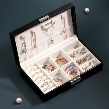 

COSTWAY Portable Jewelry Box Organizer Ring Stud Earrings Jewelry Storage Box With Mirror Faux Leather Box W0608