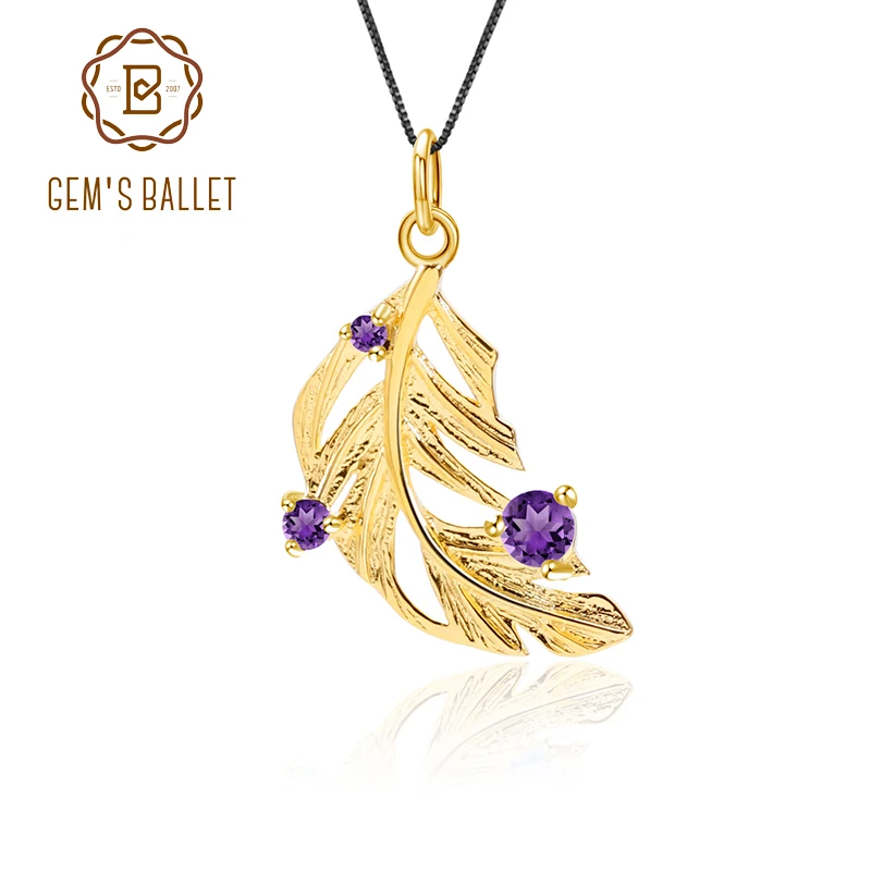 GEM'S балетные 925 пробы серебро натуральный аметист Элегантный Золотой перья кулон ручной работы ожерелье для женщин хорошее ювелирное изделие