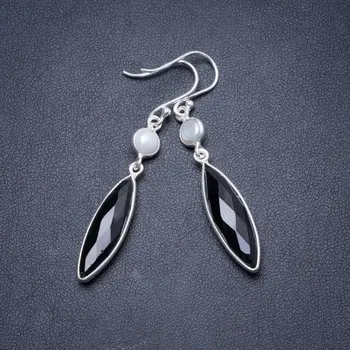 

Natural Black Onyx and River Pearl Handmade Unique 925 Sterling Silver Earrings 2 1/4" Y2254