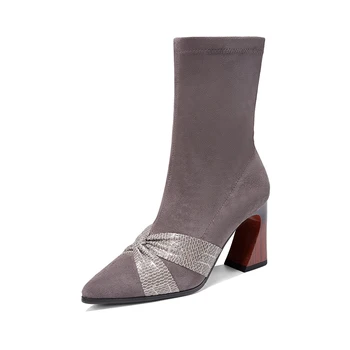 

suede Leather Short Boots Winter autumn high heels Party Dancing Shoes Woman Chelsea Boots Women Ankle Boots