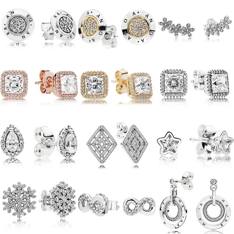 

Original Pandorasl Logo S925 Sterling Silver Round Heart Full Crystal Stud Earrings For Women Fine Jewelry Valentine's Day Gift