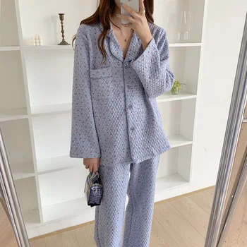 

Winter New Style Cotton Padded Small Cherry Diamond Long-sleeved Home Service Women's Comfortable Cardigan Sweet Pajamas Suit