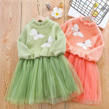 

Formal Baby Girls Dresses Warm Knitted Fur Lace Tutu Mesh Winter Girls Bubble Dress Princess Ball Gown Yarn Dress Party Spring