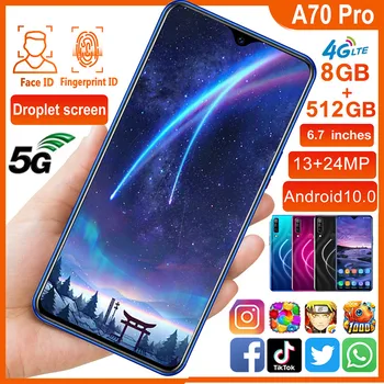 

A70pro MTK6595 Octa Core Cellphone 6.7inch HD+Water Drop Screen Mobile phone 3G Big Sreen 8GB ram 512GB rom 13MP+24MP