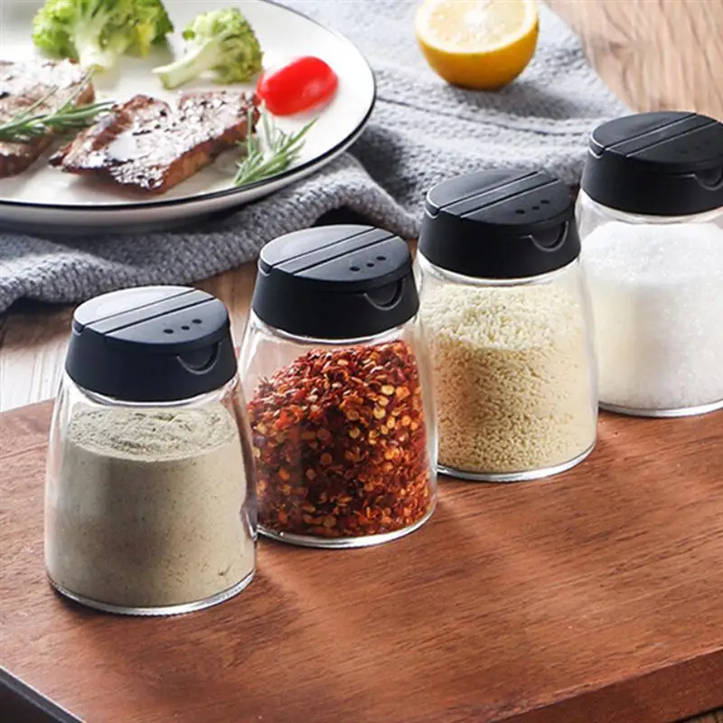4Pcs Glass Condiment Bottle Portable Transparent Seasoning Bottle Kitchen Supplies Seasoning Jar(Black