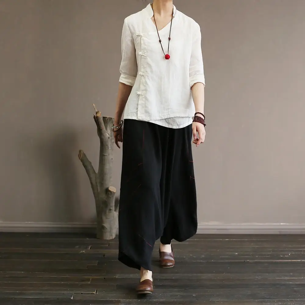 

Original Pants Summer Ankle-length Wide LegElastic Waist Flat Mid Loose Big CodeTraditional Chinese Clothing For Women