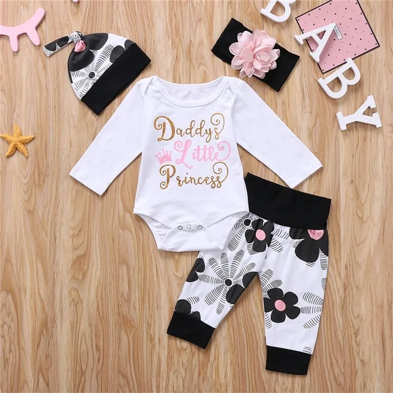 

Fashion Baby Girl Clothing Set Newborn Infant Floral Tops Pants Hat Headband 4pcs Kids Clothes