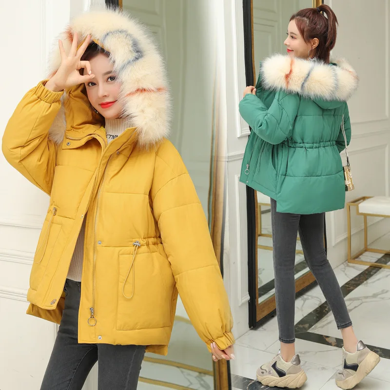 

2019 Winter New Style Hooded Large Fur Collar Waist Hugging Slimming Cotton Overcoat Elegant Ladies' Short Thick Cotton Coat