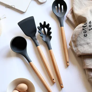 

8Pcs/set Silicone Kitchen Utensil Set Spatula Slotted Spoon with Wood Handle Baking Cooking Tools S55