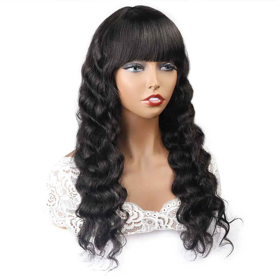Solta com Franja Perucas de Cabelo Humano com Franja para Preto Peruca Profunda Completa Máquina Feita Remy Glueless Brasileiro Feminino 3 High Quality Apliques e perucas