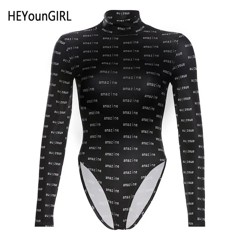 Black Heyoungirl с буквенным принтом черная водолазка Облегающий комбинезон с длинными рукавами Женский Осенний базовый Повседневный боди Женский с высоким воротом - Цвет: Black