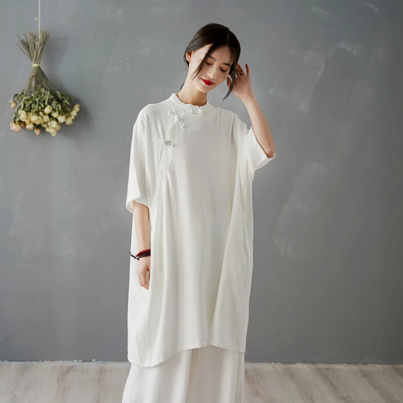 2021 Summer Cotton Linen Women's Dresses Loose Vintage Stand Short ...