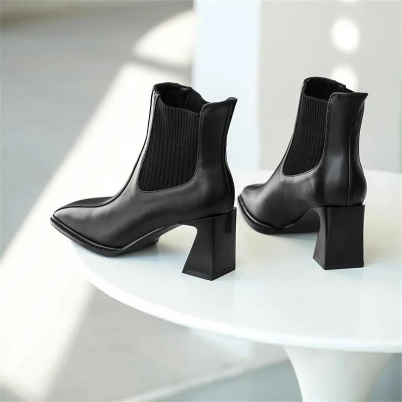 Черный Square toe high heel ankle boots elastic band slip on chelsea boots winter formal office ladies shoes beige black leather boots - Цвет: Черный