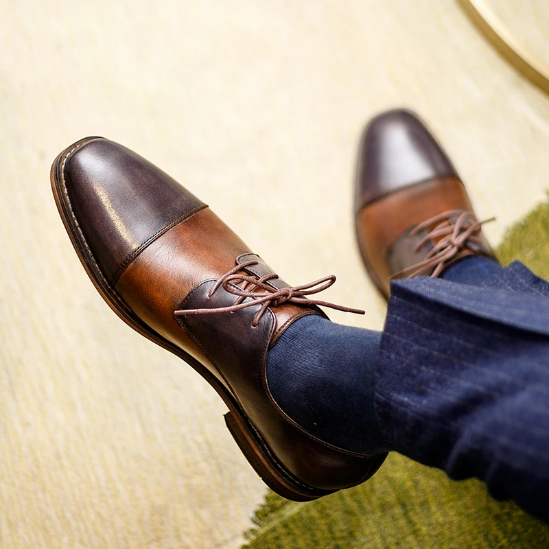 New Genuine leather handmade Men's Shoes Lace-up splicing Derby Shoes Men's business dress Shoes Bullock oxford male
