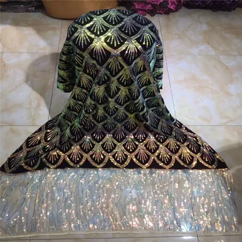 

Velvet Lace Fabric for Dresses Latest Nigerian French Tulle Lace with Tassels Sequin High Quality African Sequins Lace Fabric