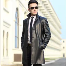 Натуральная кожа мужской Средний длинный тонкий умный повседневный жакет Новая Осенняя Овчина кожа ветровка