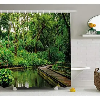

Vixm Jungle Shower Curtain Deep Forest with Wooden Pier and River Refreshing Exotic Nature Wild Image Fabric Bath Curtains