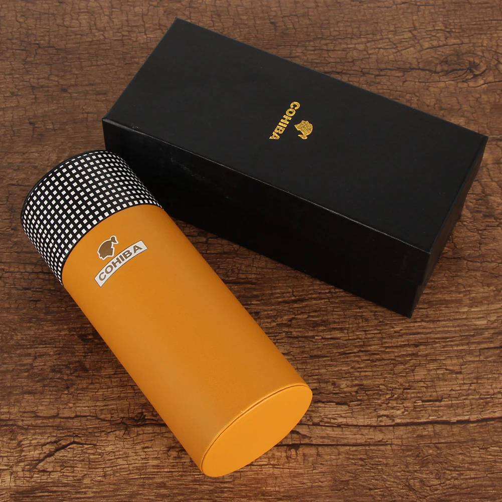 COHIBA Leather Cigar Humidor Accessories Yellow Cigar Case Cedar Wood Humidor Box with Humidor Humidifier Hygrometer