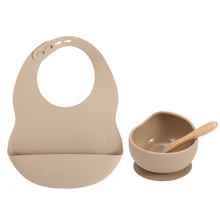 Ensemble d'alimentation en silicone pour bébé,bavoir, bol, avec cuillère gratuite, vaisselle sans BPA avec plaque anti dérapante avec ventouse, imperméable, de qualité alimentaire, pour enfant, nouvelles couleurs, 