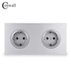 Coswall Brushed Black / Silver Grey Aluminum Metal Panel Double EU Russia Wall Socket Grounded With Children Protective Door ► Photo 2/5