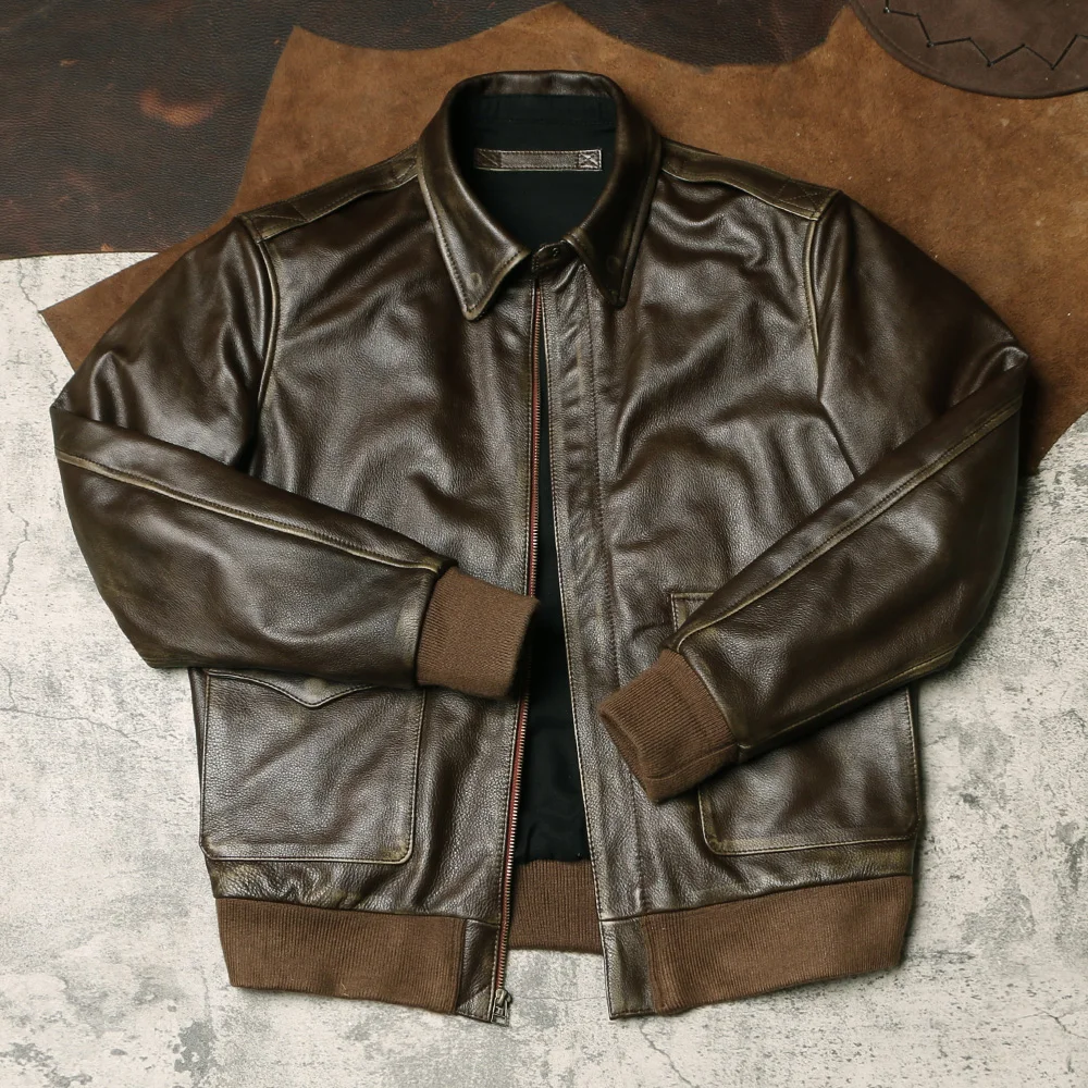 

Free shipping.Men quality Army green tea core cowhide A2 jacket.Classic bomber genuine leather coat.Vintage style leather