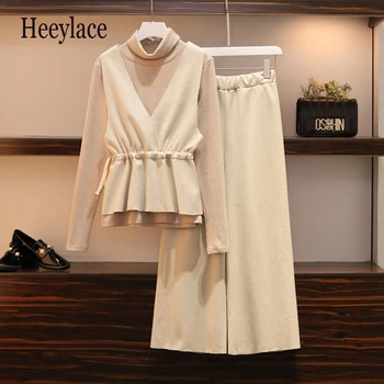 

Large Plus Size Winter Warm Kintted Sweater Suit turtleneck pullover Vest+Wide Leg Pant Three-piece Set top Pant Matching Set